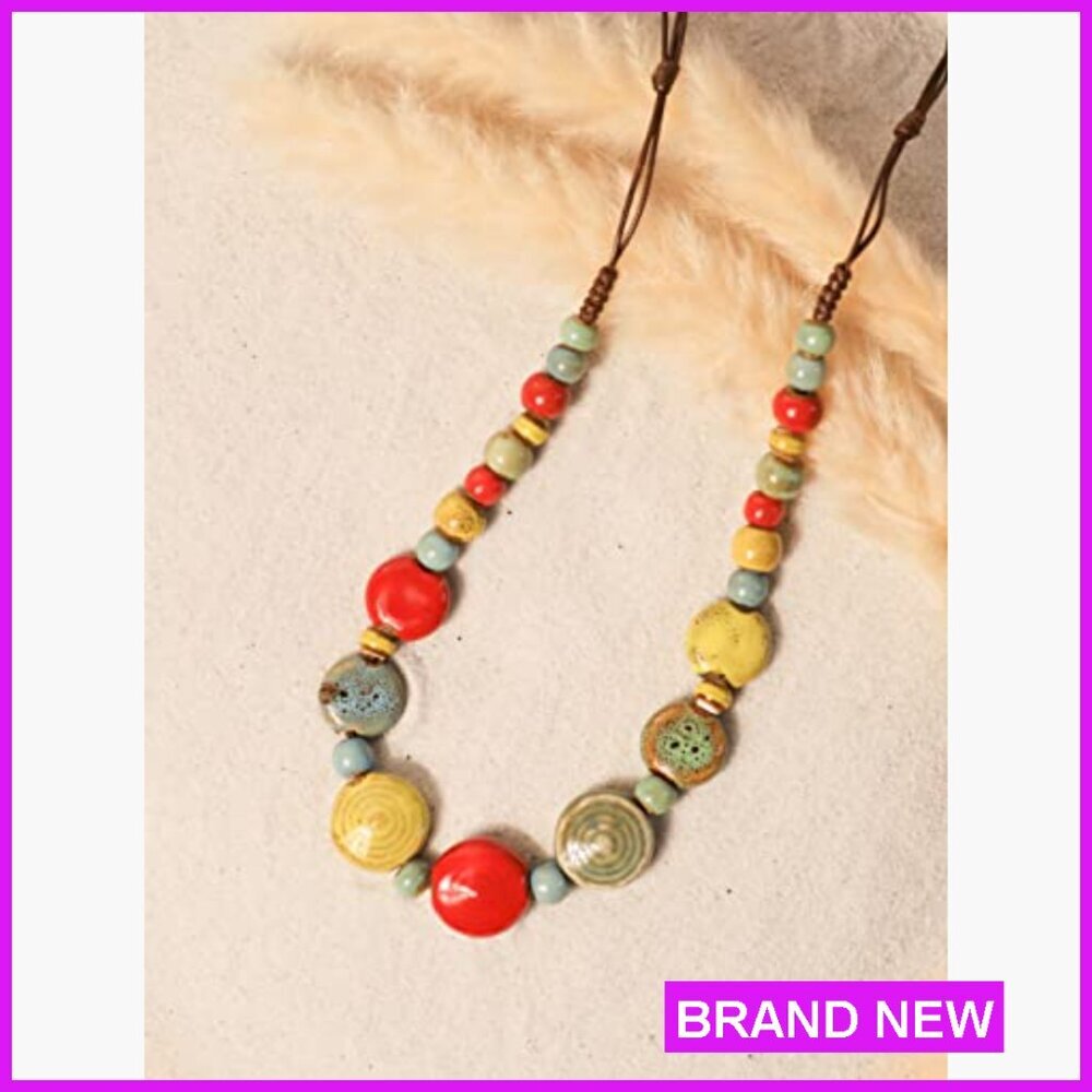Boho Ceramic Bead Strand Necklace Adjustable Cord Vintage Bohemian Jewelry - Picture 2 of 6